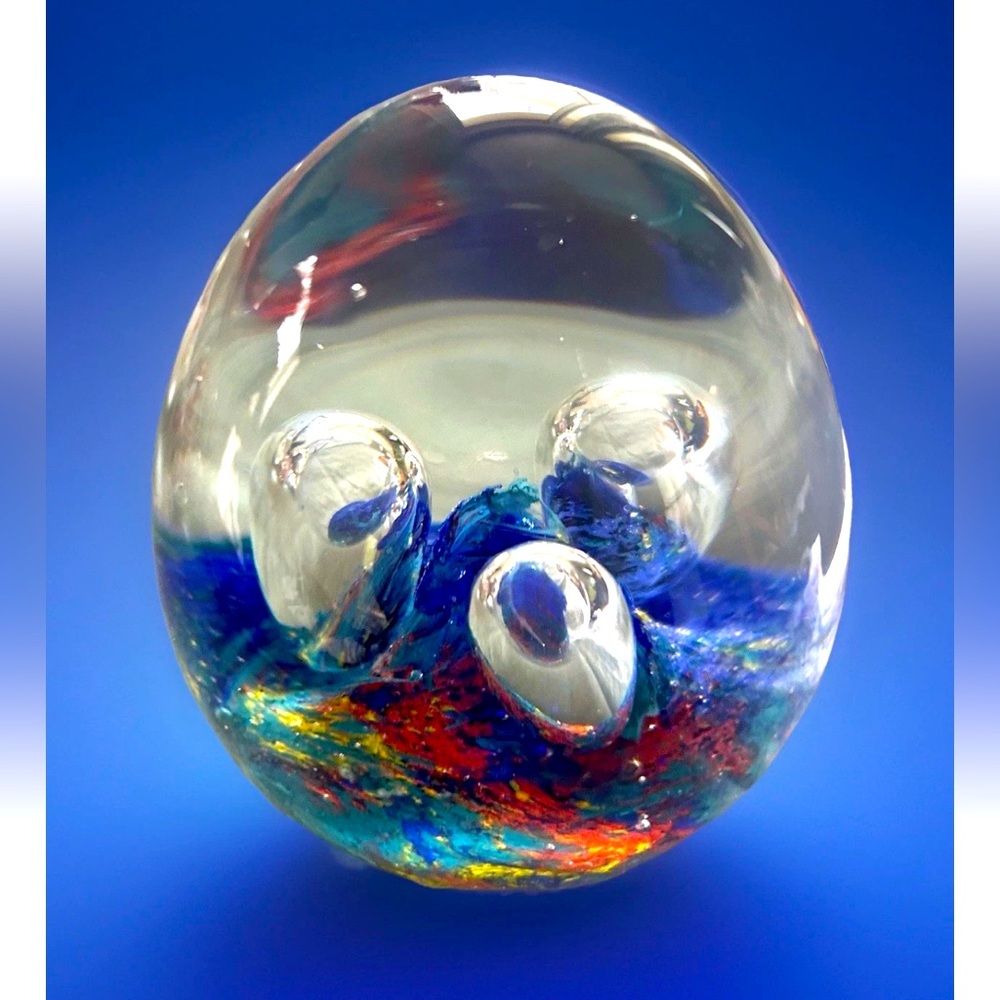 Art Glass Swirl Rainbow Bubble Egg Shape Paper Weight 4” x 3” (VTG?)